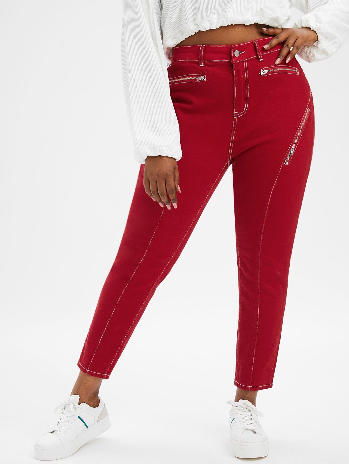 Unique Topstitching Zippered Front Plus Size Skinny Jeans  