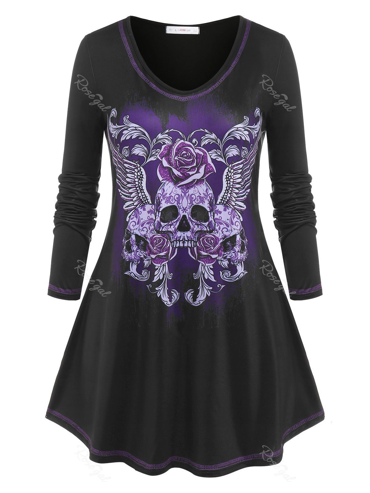 Discount Plus Size Gothic Skull Flower Tunic Tee  