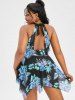 Plus Size Palm Leaf Mesh Panel Ruched Skirted Modest Swim Dress Set -  