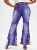 Pantalon Evasé à Imprimé 3D Fleur de Grande Taille en Jean - Bleu 5X