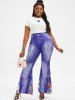 Pantalon Evasé à Imprimé 3D Fleur de Grande Taille en Jean - Bleu 5X