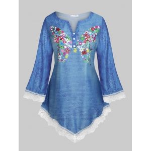 

Plus Size Lace Panel Floral Print 3D Denim Top, Blue