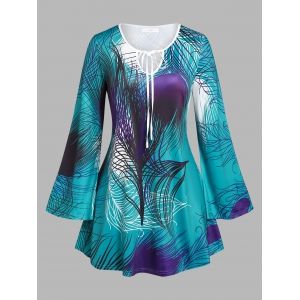 

Plus Size Feather Print Bell Sleeve T-shirt, Deep green