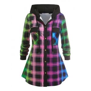 

Plus Size Hooded Ombre Color Plaid Shirt, Multi