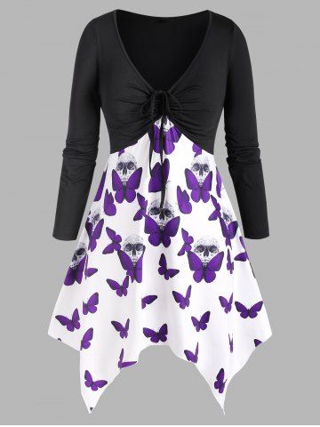 Cinched Front Skull Butterfly Halloween Plus Size Top - PURPLE - 4X