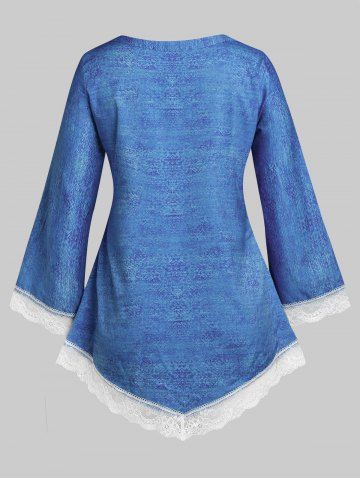 Plus Size Lace Panel Floral Print  3D Denim Top