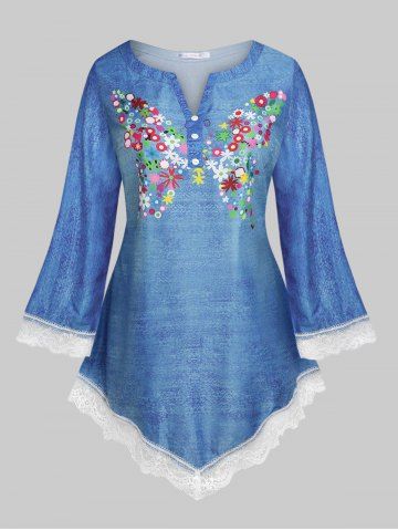 Plus Size Lace Panel Floral Print  3D Denim Top