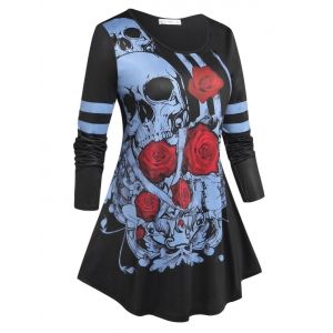 

Plus Size Skull Flower Printed Skirted Tunic Tee, Black