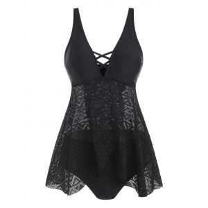 

Lattice Tulip-front Lace Panel Tankini Swimwear, Black