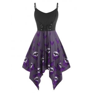 

Plus Size Lace Up Butterfly Skull Halloween Cami Dress, Purple