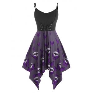 

Plus Size Lace Up Butterfly Skull Halloween Cami Dress, Purple