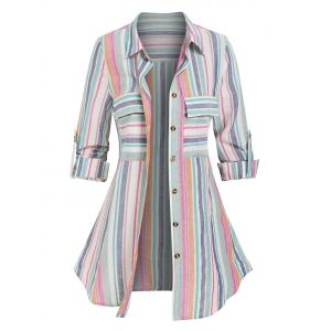 

Double Pockets Colorful Stripe Print Shirt, Multi