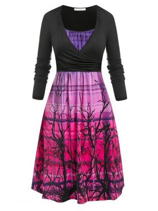 Plus Size Plaid Ombre Branch Print Cami Dress with Wrap T Shirt