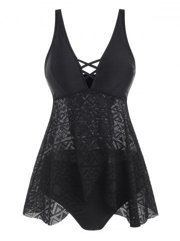 Lattice Tulip-front Lace Panel Tankini Swimwear - BLACK - S