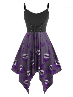 Plus Size Lace Up Butterfly Skull Cami Gothic Dress
