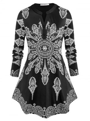 Plus Size Tribal Print Tunic Curved Blouse