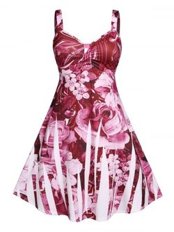 Plus Size Flower Backless Empire Waist Midi Cottagecore Dress - DEEP RED - L