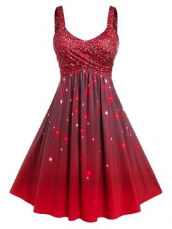 Plus Size Starry Ombre Print Backless Cocktail Dress - DEEP RED - 1X