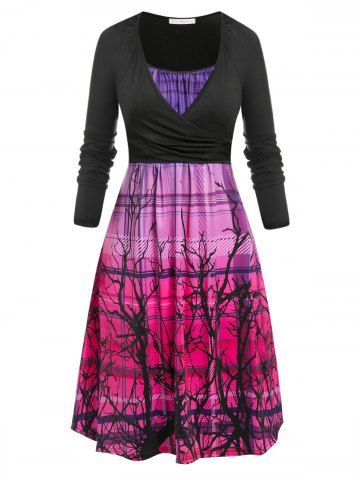 Plus Size Plaid Ombre Branch Print Cami Dress with Wrap T Shirt - MULTI - 4X