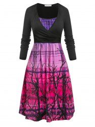Plus Size Plaid Ombre Branch Print Cami Dress with Wrap T Shirt -  