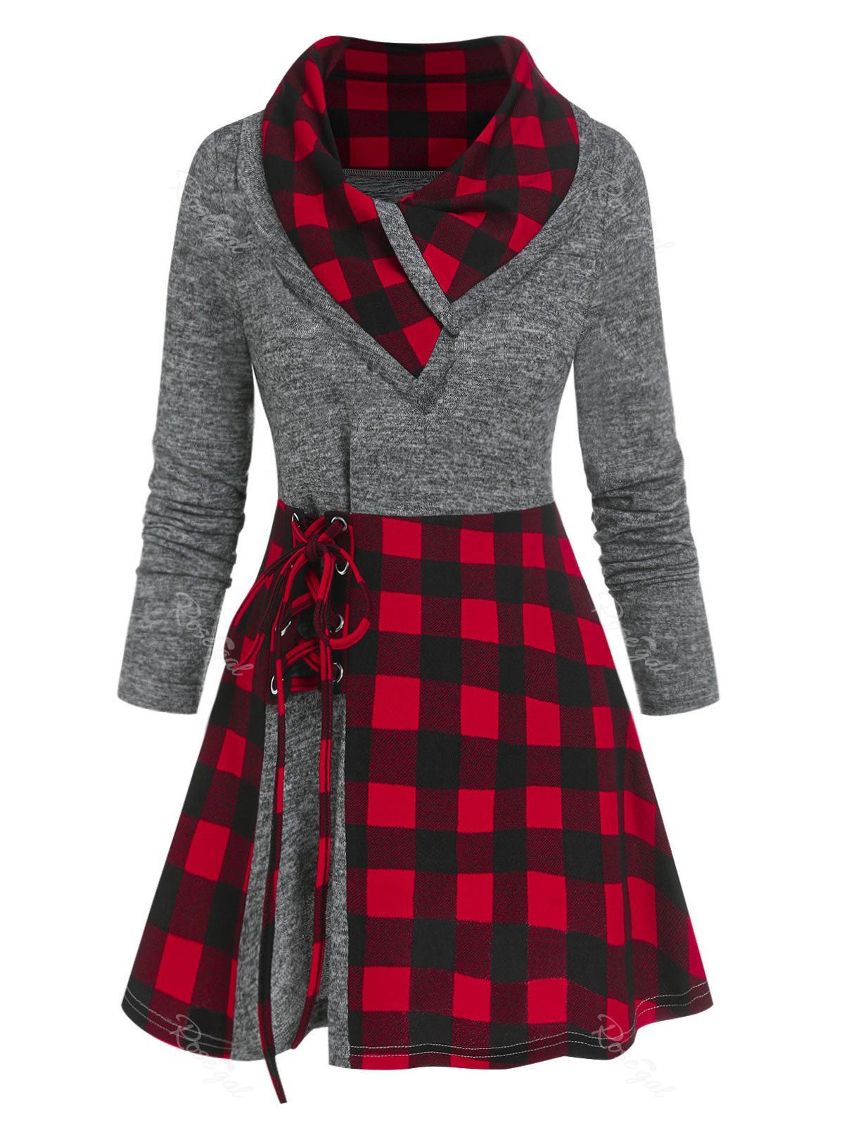 Discount Plaid Print Lace-up 2 In 1 Sweater  