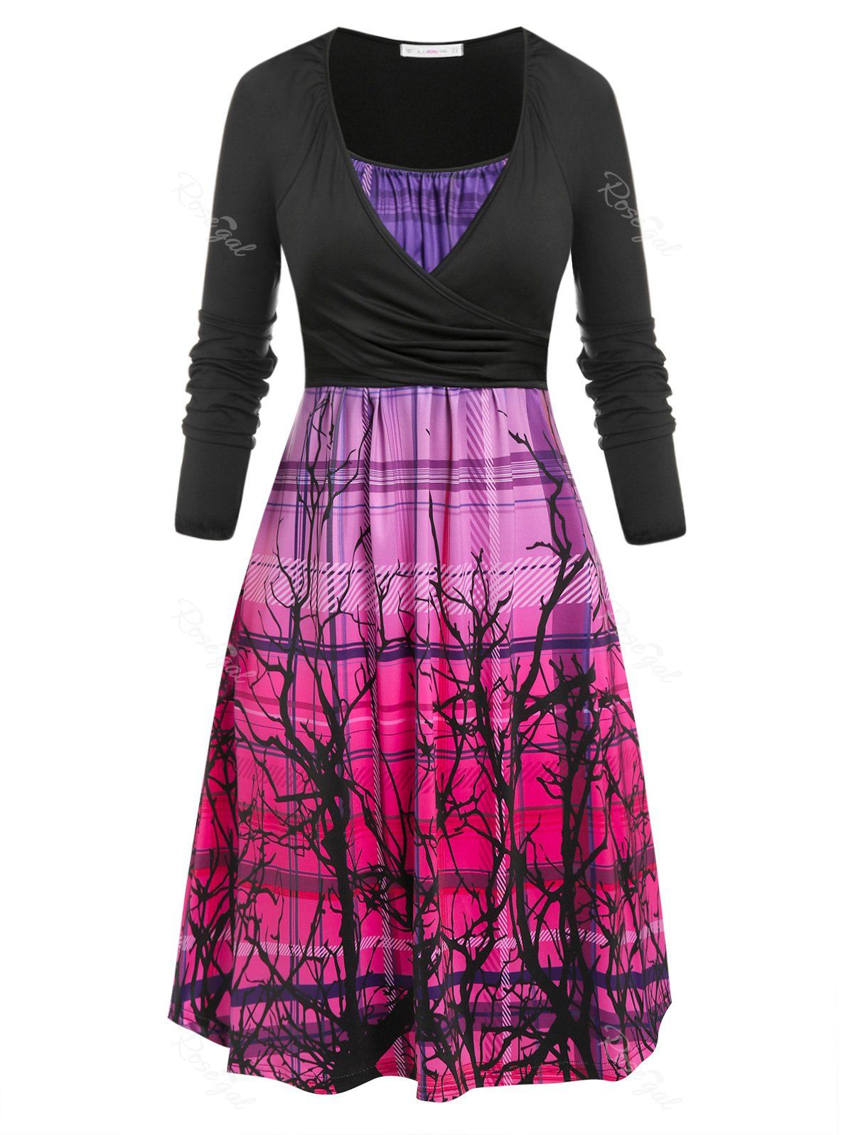 Sale Plus Size Plaid Ombre Branch Print Cami Dress with Wrap T Shirt  