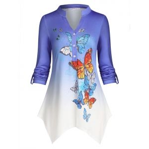 

Plus Size Ombre Butterfly Handkerchief Roll Up Sleeve Top, Light blue