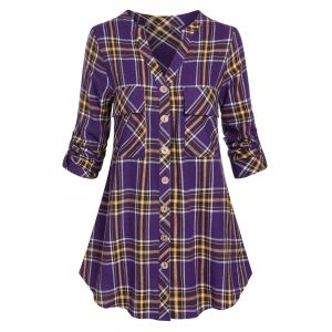 

Plus Size Roll Up Sleeve Pockets Plaid Shirt, Concord