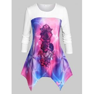 

Plus Size Tie Dye Rose Print Handkerchief Tee, White