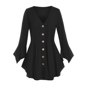 

Plus Size Pintuck Ruffle Cuff Round Hem Blouse, Black