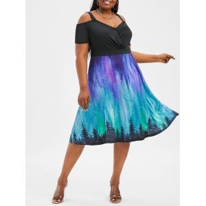 

Galaxy Print Cold Shoulder Surplice Dress, Black