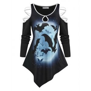 

Cold Shoulder Moon Bats Print Asymmetrical T-shirt, Black