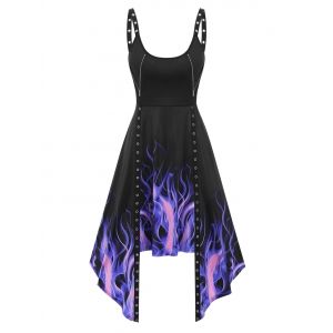 

Fire Print Eyelets Asymmetric Dress, Black