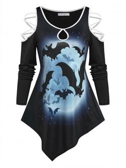 Cold Shoulder Moon Bats Print Asymmetrical T-shirt - BLACK - XXXL