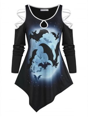 Cold Shoulder Moon Bats Print Asymmetrical T-shirt