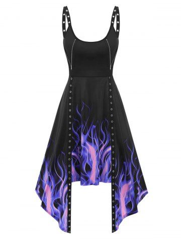 Vestido Asimétrico Ojales Estampado Fuego - BLACK - XL