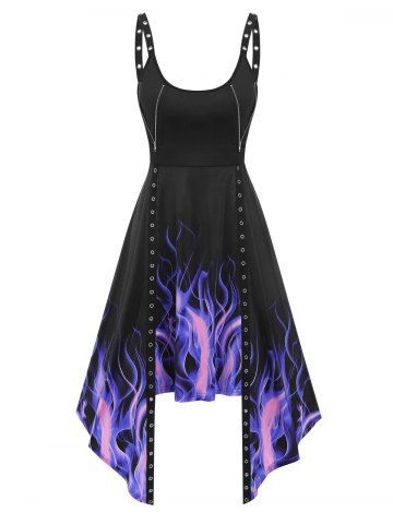 Fire Print Eyelets Asymmetric Dress - BLACK - XXXL