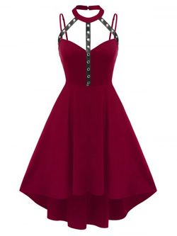 Plus Size Harness Cutout High Low Gothic Dress - DEEP RED - 1X