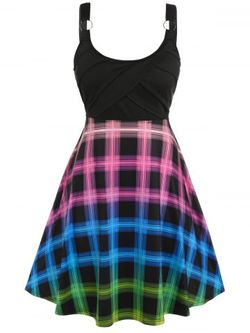 Plus Size Colorful Plaid O Ring Flare 1950s Dress - MULTI - 2X