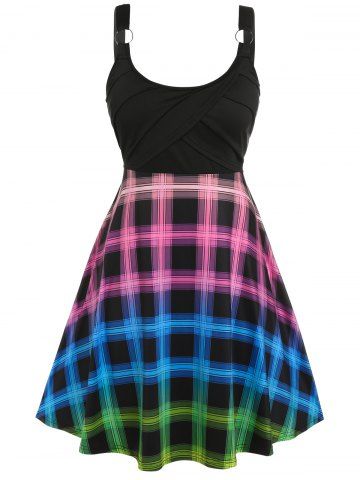 Plus Size Colorful Plaid O Ring Flare 1950s Dress