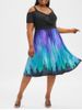 Galaxy Print Cold Shoulder Surplice Dress -  