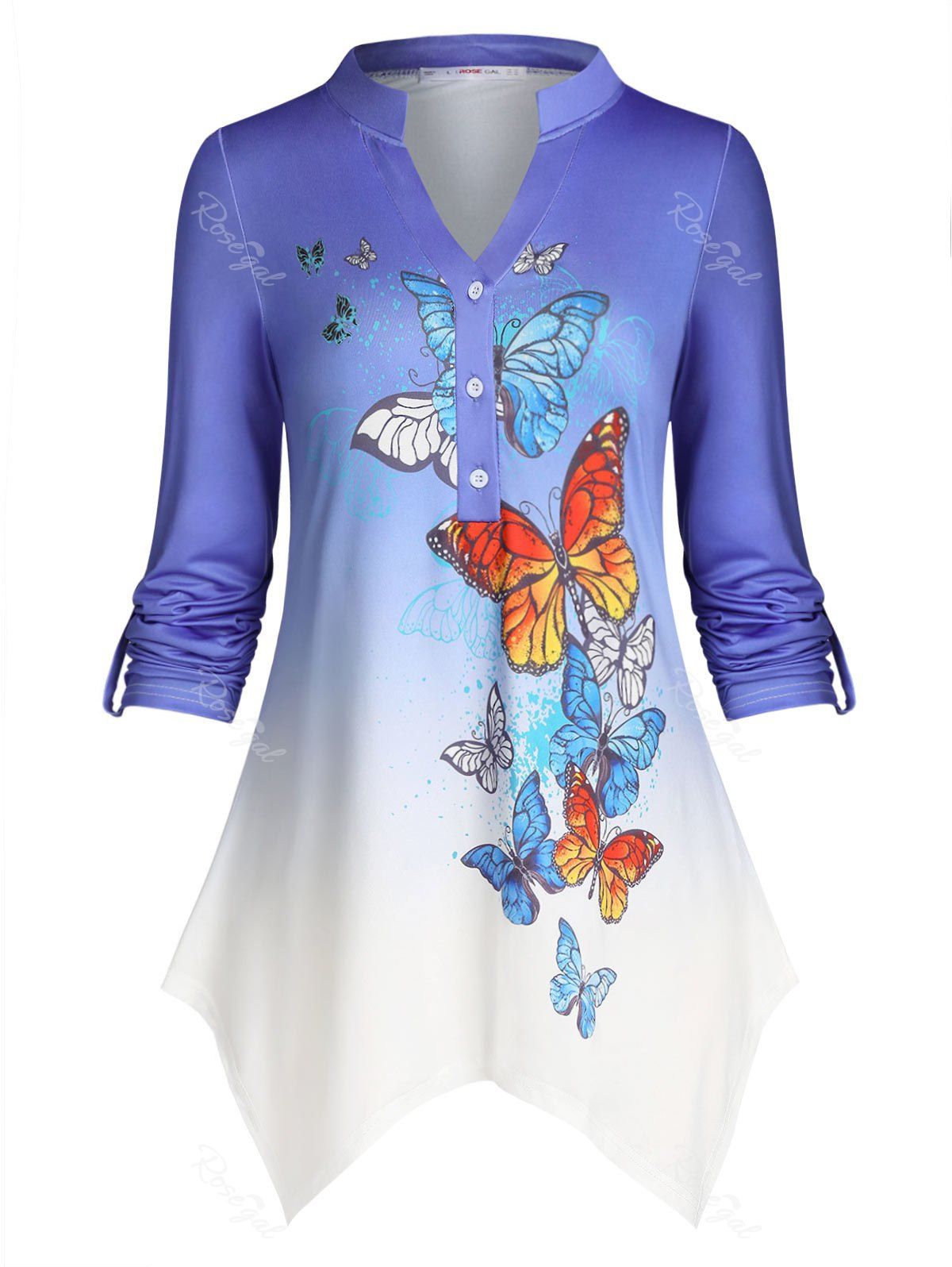 Fancy Plus Size Ombre Butterfly Handkerchief Roll Up Sleeve Top  