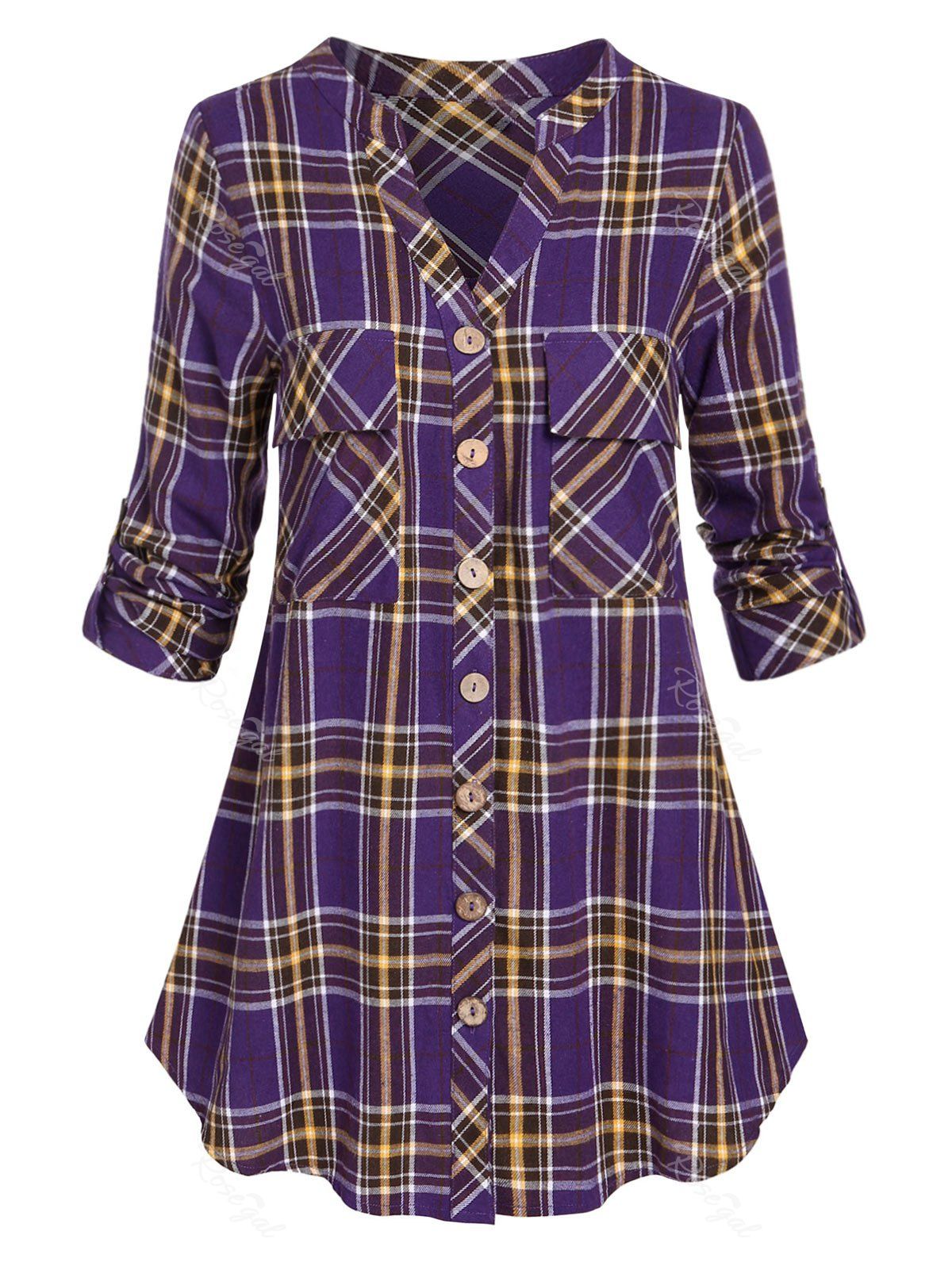Plus Size Roll Up Sleeve Pockets Plaid Shirt - L