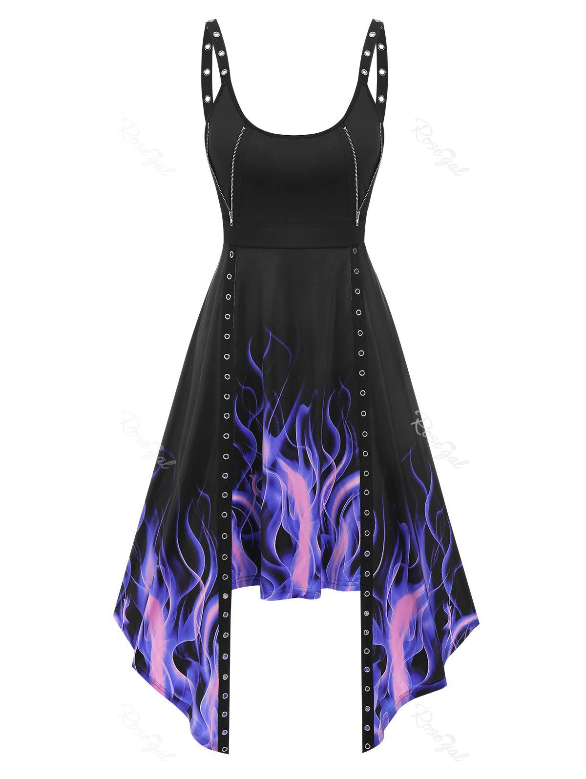 Fashion Fire Print Eyelets Asymmetric Dress  
