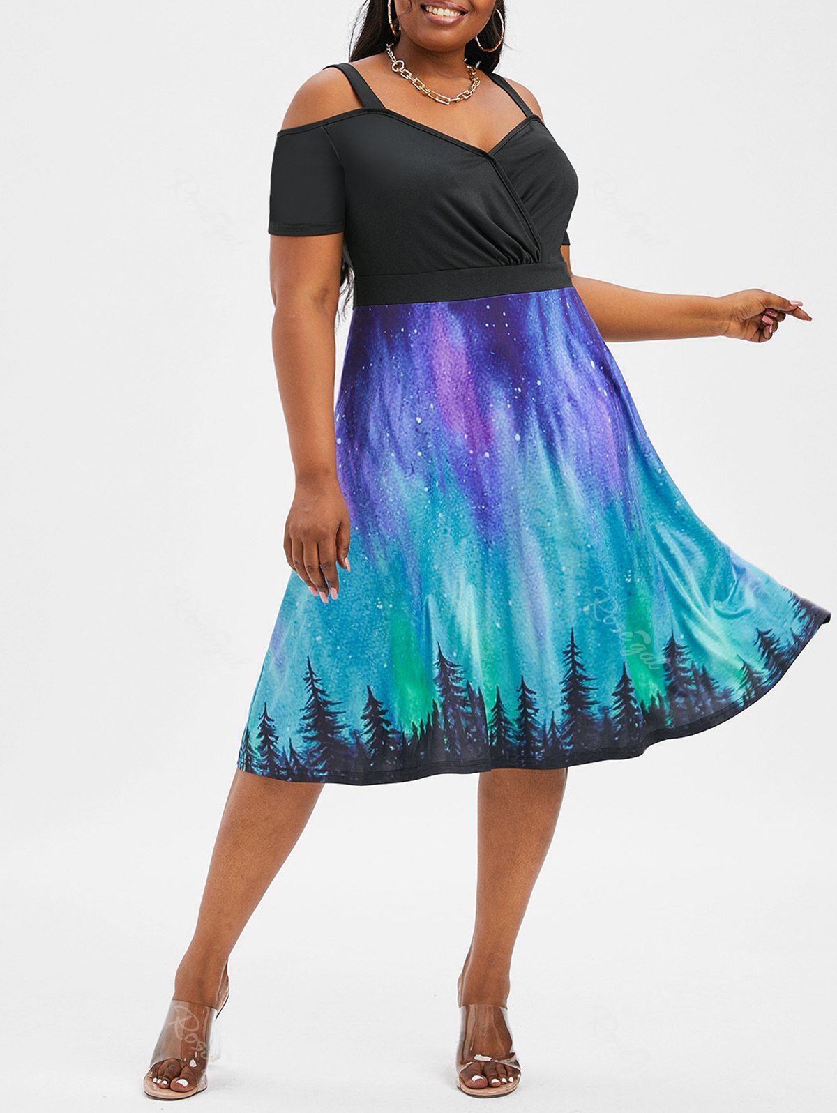 Fashion Galaxy Print Cold Shoulder Surplice Dress  