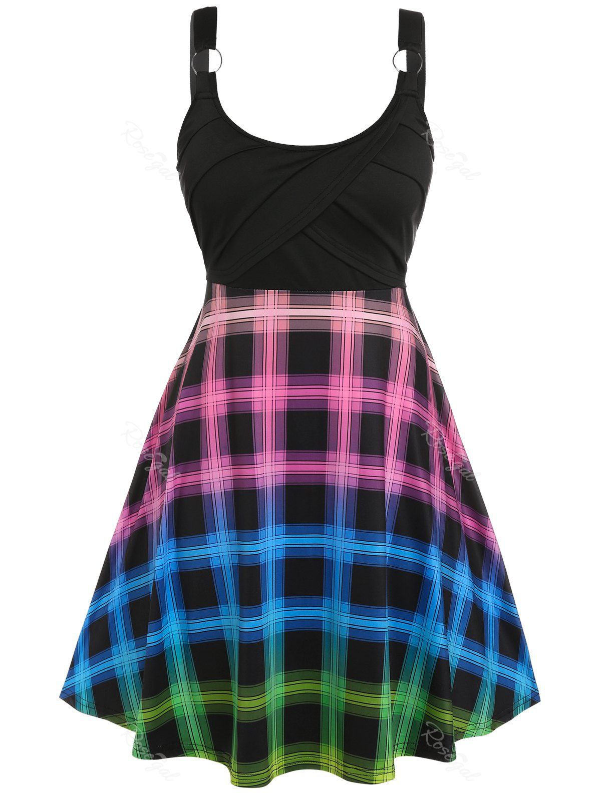 Outfits Plus Size Colorful Plaid O Ring Flare 1950s Dress  
