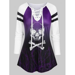 

Raglan Sleeve Lace Up Skull Print Halloween T-shirt, Concord