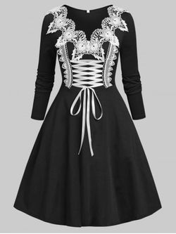 Mini Vestido de Encaje Gótico de Talla Extra con Cordones - BLACK - 5X