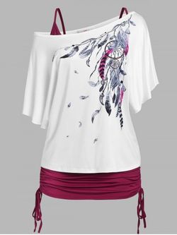 Plus Size & Curve Batwing Sleeve Dreamcatcher Print Skew Neck Tee and Cinched Tank Top Set - WHITE - 1X