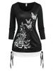 T-shirt Bicolore Fleuri à Imprimé Papillon de Grande Taille - Noir 1X